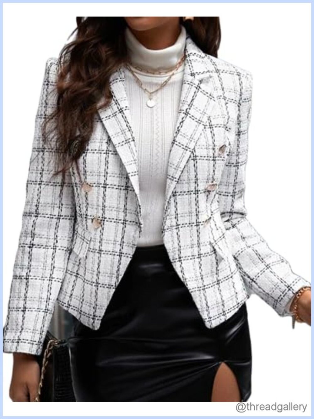 Plaid Tweed Blazer Double Breasted Slim Fit Business Casual Women's